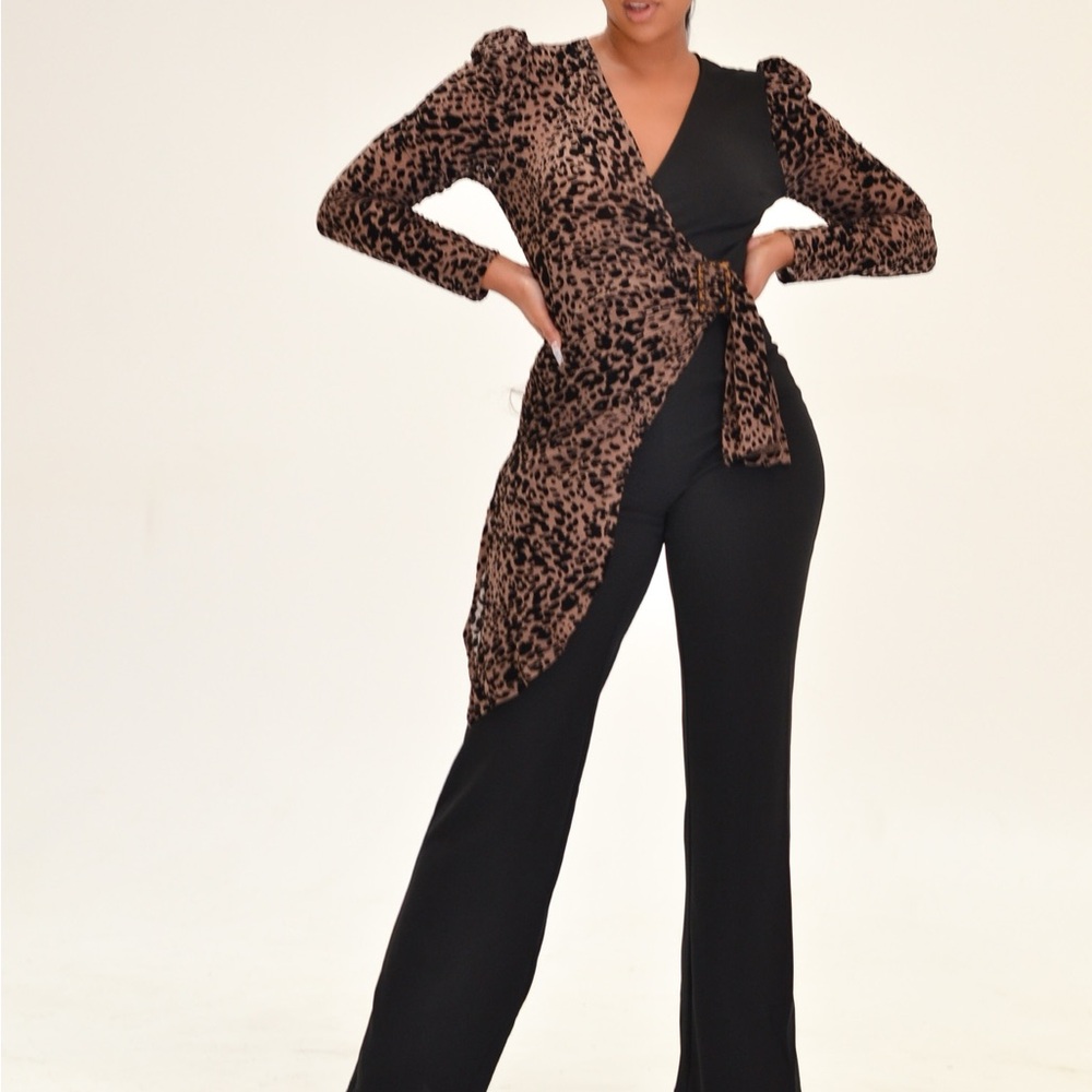 Leopard Print Wrap Jumpsuit - Black and Brown